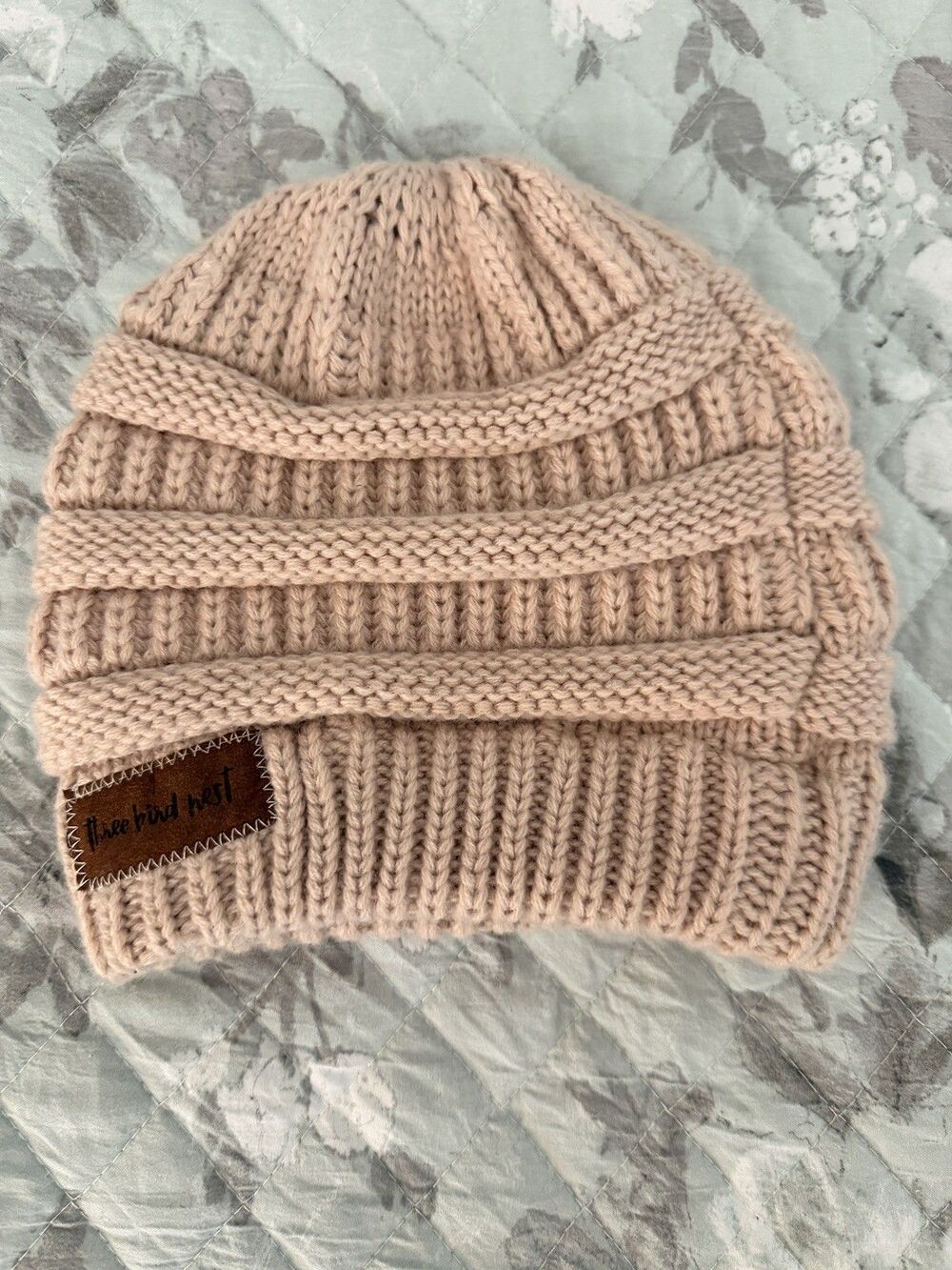 Three Bird Nest Messy Bun Ponytail Beanie Beige Knit Hat Women's OSFA